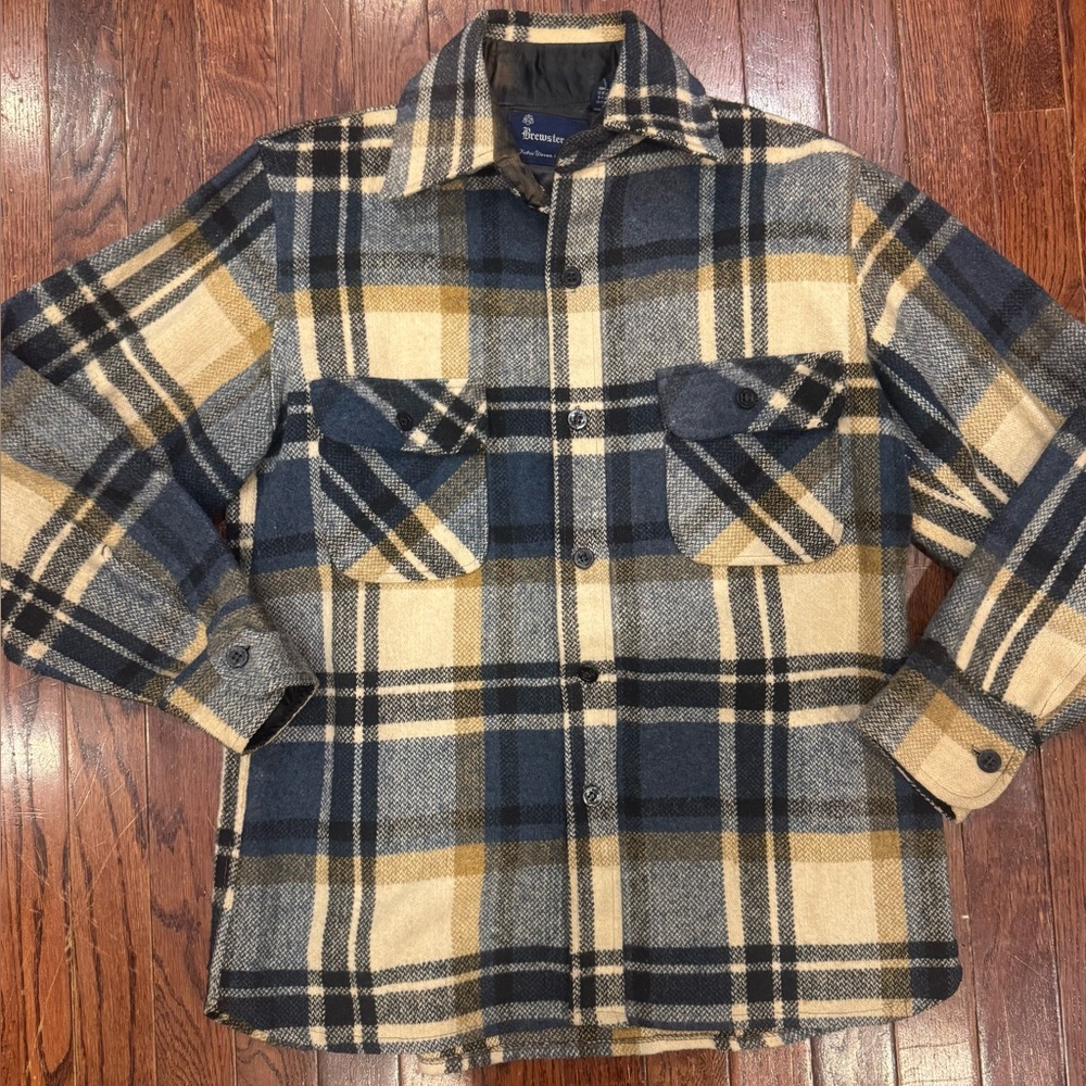 Vintage Wool Linen Blend Flannel Men’s Small Navy Tan Cream Handwoven Italy 70s